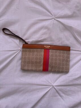 kate spade Tan & Beige Canvas Wristlet with Red-Pink Stripe
